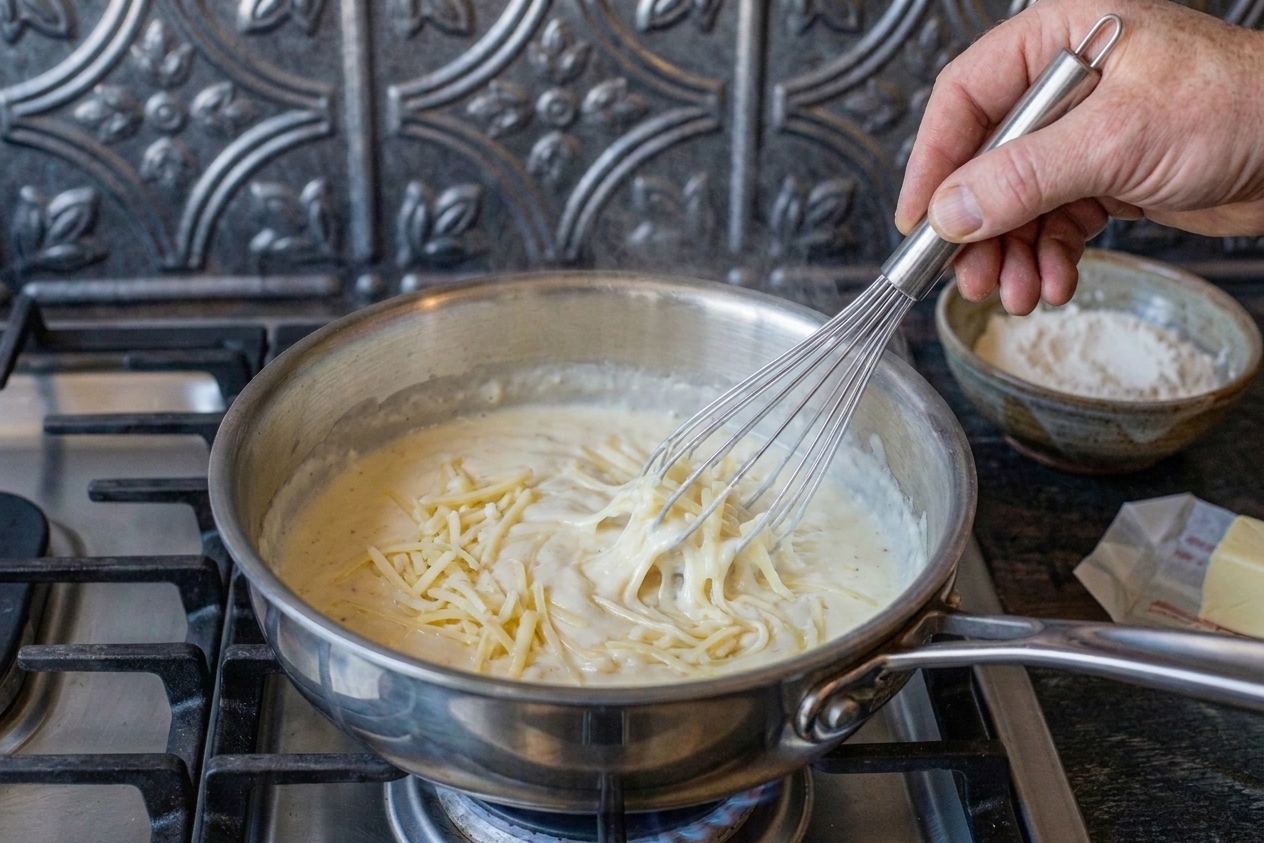 Cheese melting into a creamy sauce in a saucepan as it is stirred with a whisk