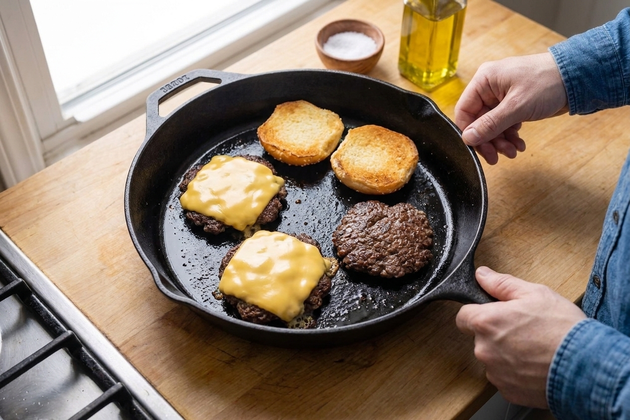 Cheese melting over smash burger slider patties in a hot cast iron skillet