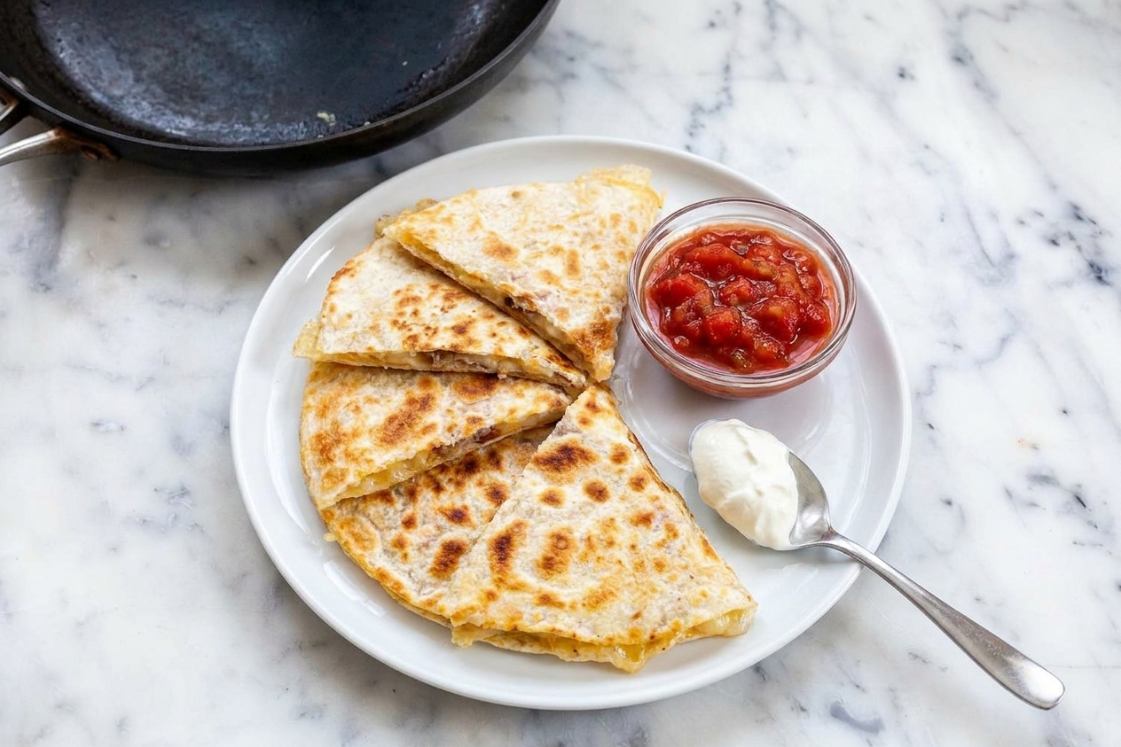 Cheese quesadilla wedges on a plate with a small bowl of salsa and a spoonful of sour cream on the side