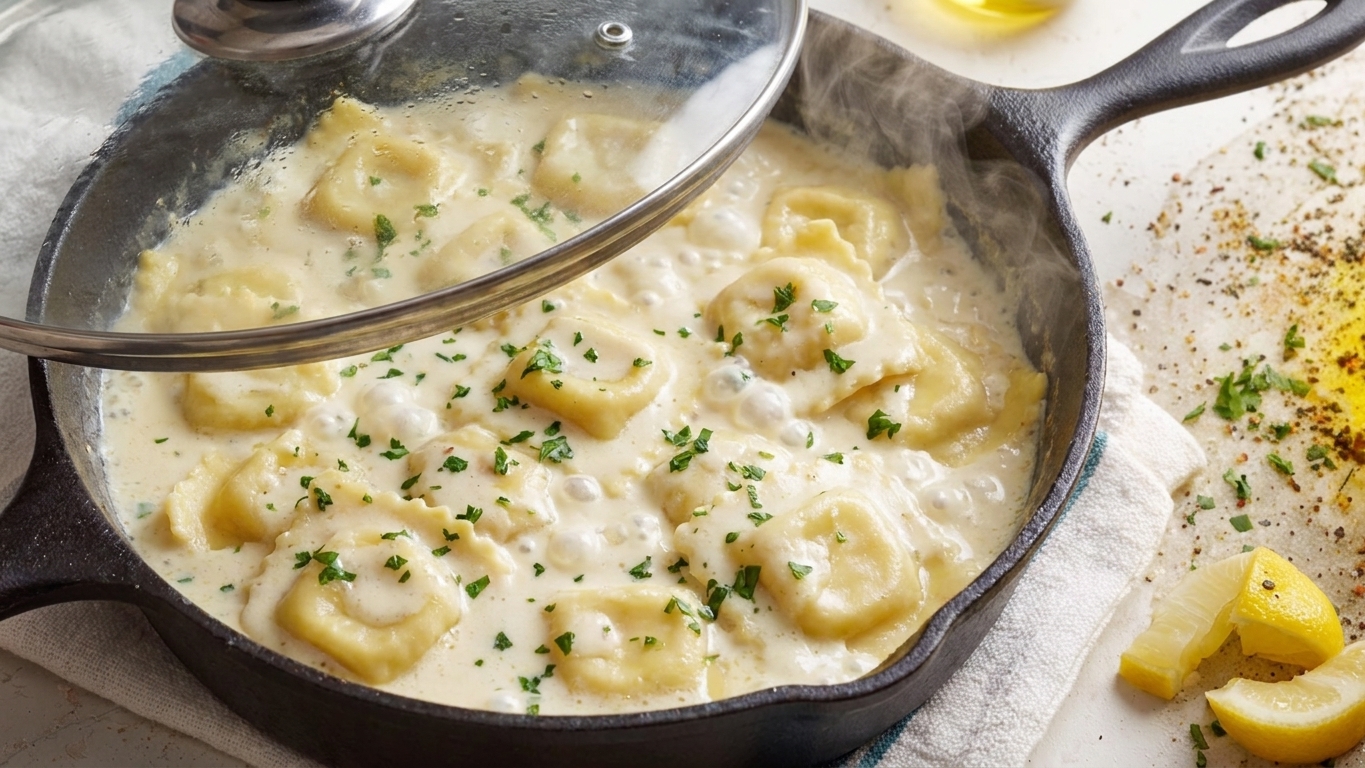Cheese ravioli simmering in a creamy sauce inside a covered skillet with steam rising