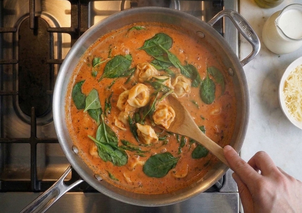Cheese tortellini being gently tossed in a skillet with tomato cream sauce using a wooden spoon