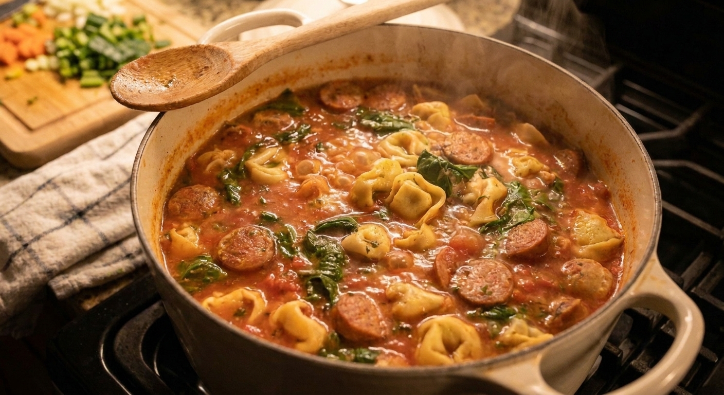 Cheese tortellini floating and cooking in a simmering sausage tomato soup inside a Dutch oven