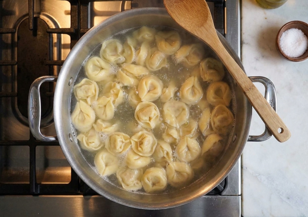 Cheese tortellini simmering in a large pot of water on the stovetop