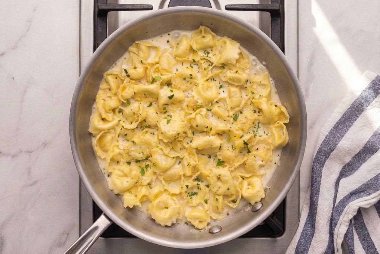 Cheese tortellini simmering in a skillet of creamy Parmesan sauce with visible black pepper and chopped parsley
