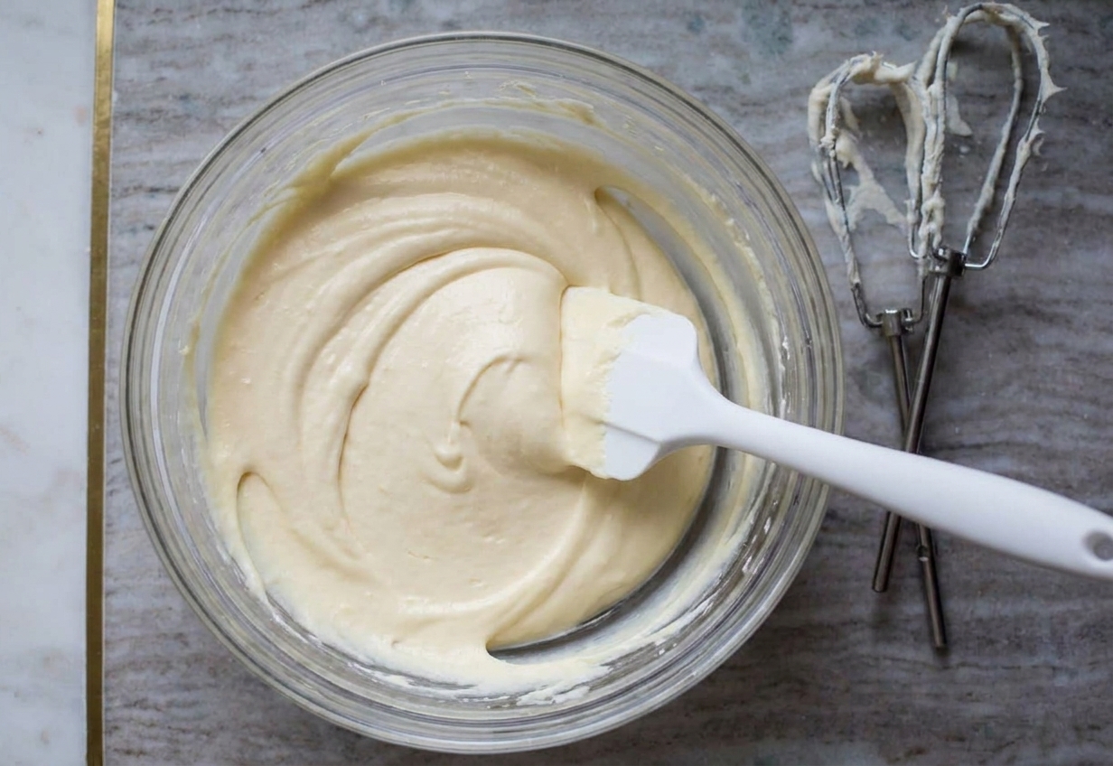 Cheesecake batter being mixed in a large bowl until smooth, with a rubber spatula nearby for scraping.