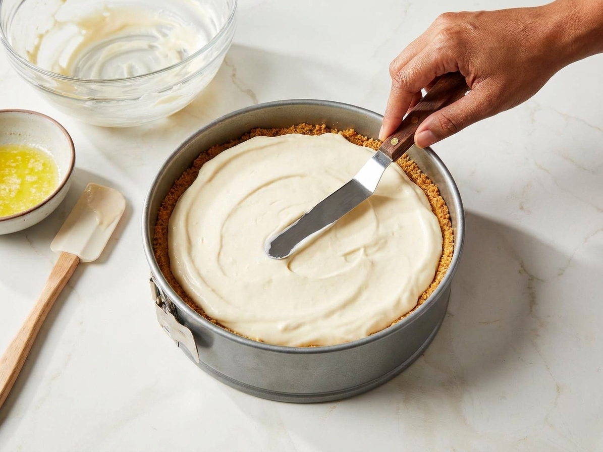 Cheesecake batter poured into a springform pan over a baked graham cracker crust, with a spatula smoothing the surface