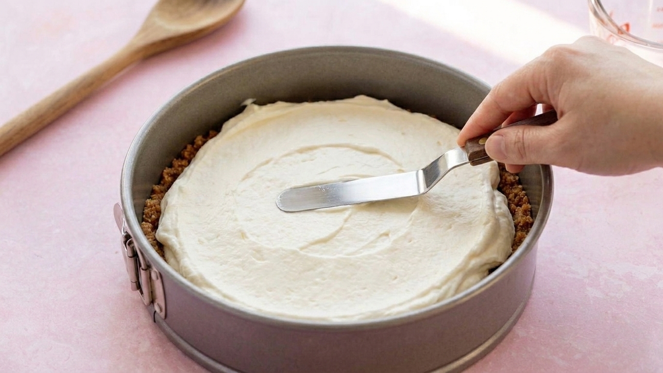 Cheesecake filling being smoothed into a graham cracker crust in a springform pan with an offset spatula