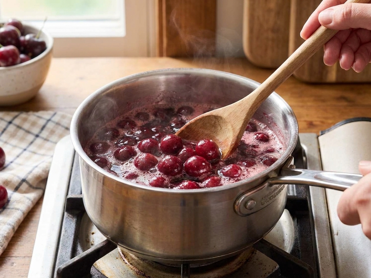 Cherries and sugar beginning to simmer in a stainless steel saucepan on a home stove, steam just starting to rise