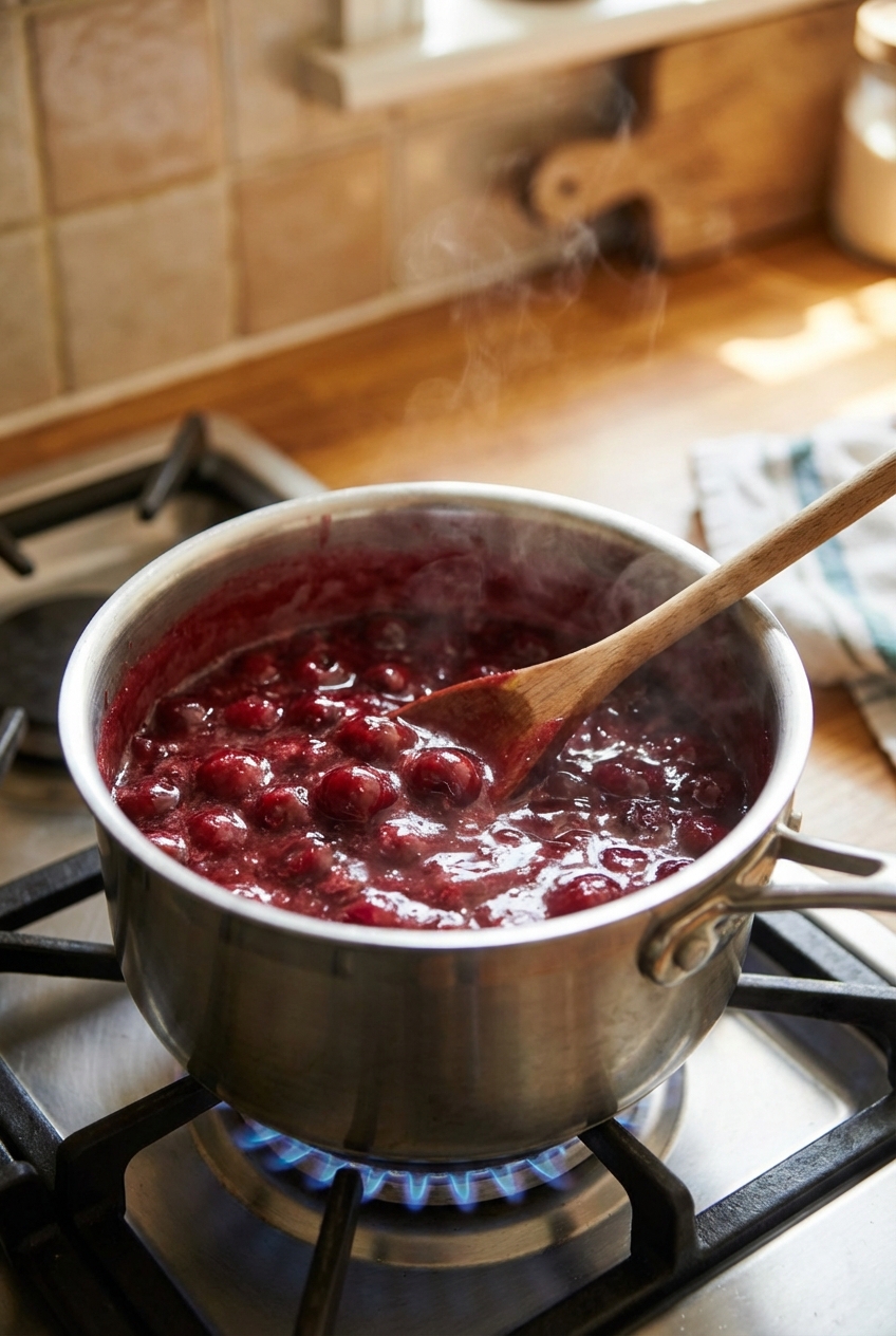Cherry filling simmering in a saucepan as a spoon stirs on a stovetop