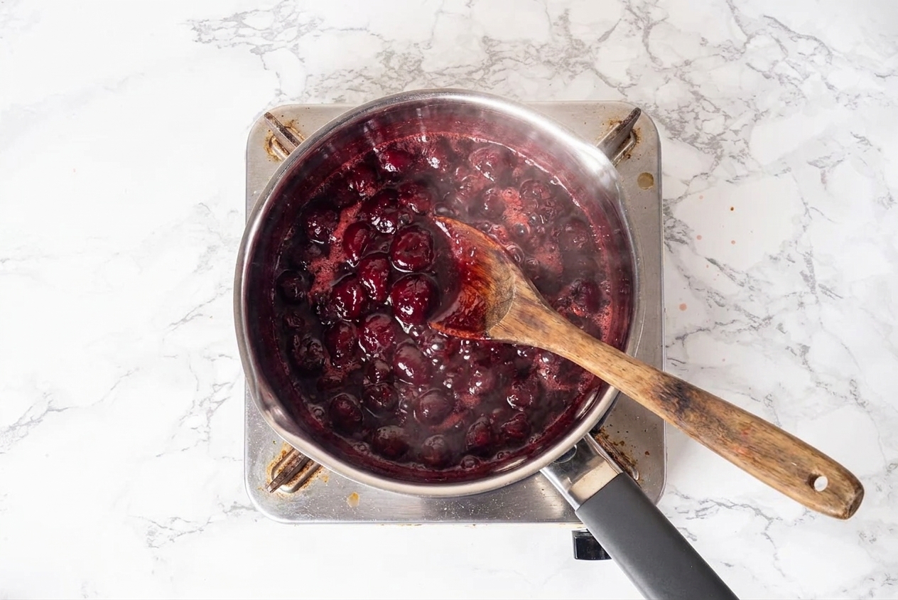 Cherry jam simmering in a saucepan with a wooden spoon stirring, steam rising in a home kitchen