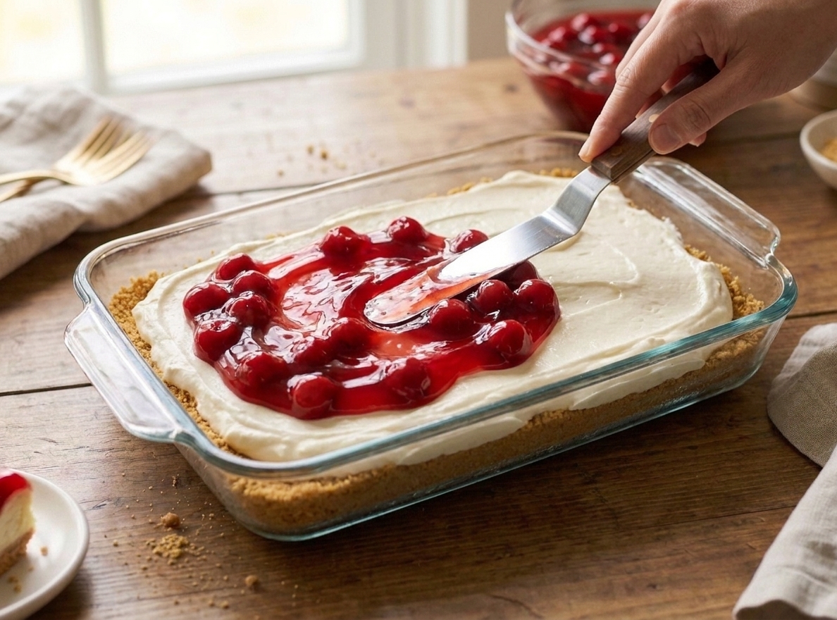 Cherry pie filling being spread across the top of a creamy dessert layer in a glass baking dish