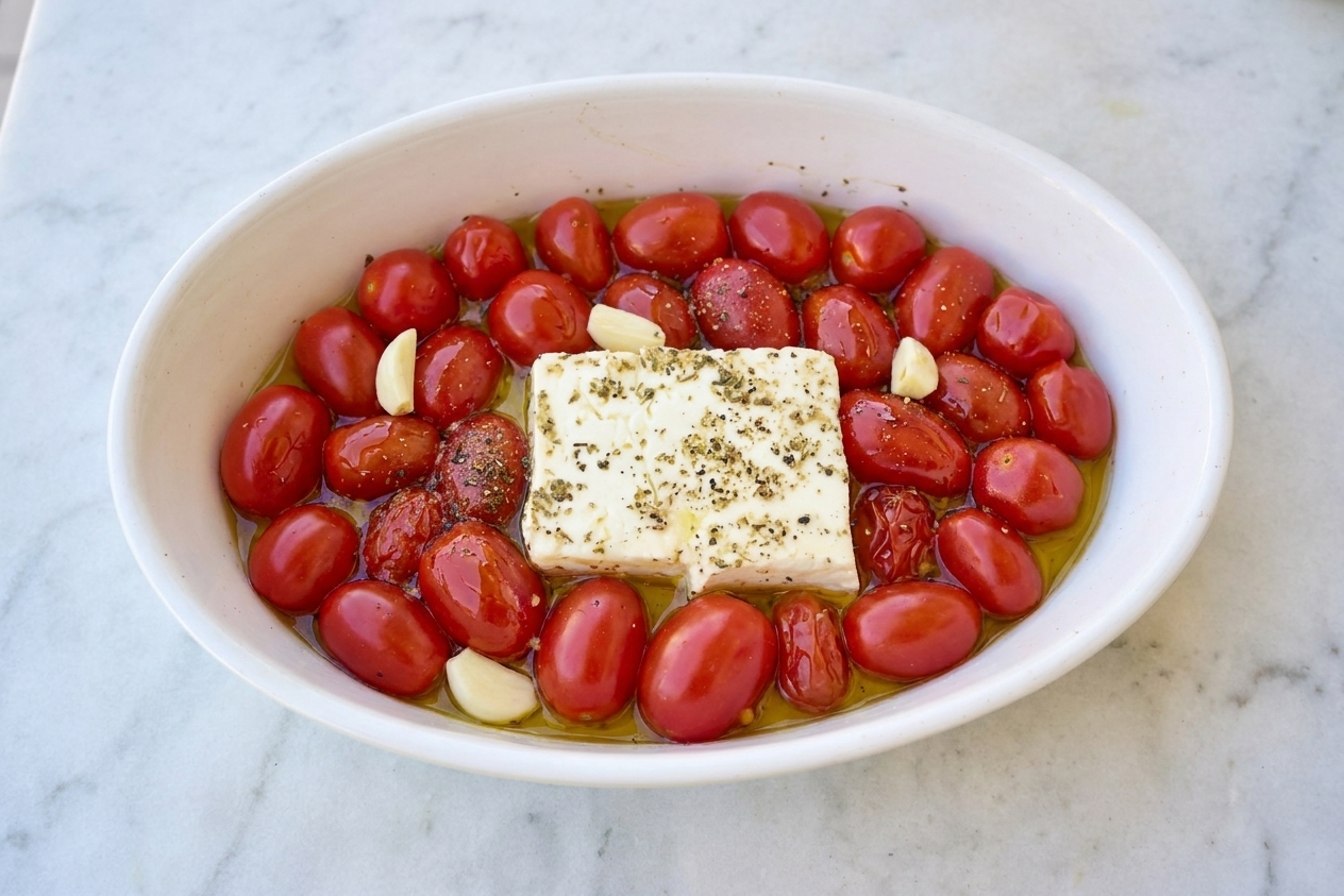 Cherry tomatoes, a block of feta, garlic cloves, and olive oil arranged in a white baking dish on a kitchen counter before baking