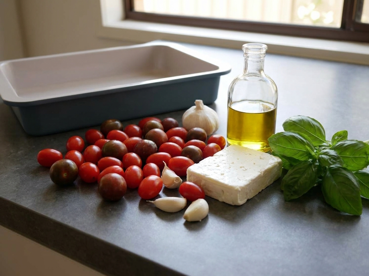 Cherry tomatoes, a block of feta, garlic cloves, olive oil, and basil arranged on a clean kitchen counter with warm natural light