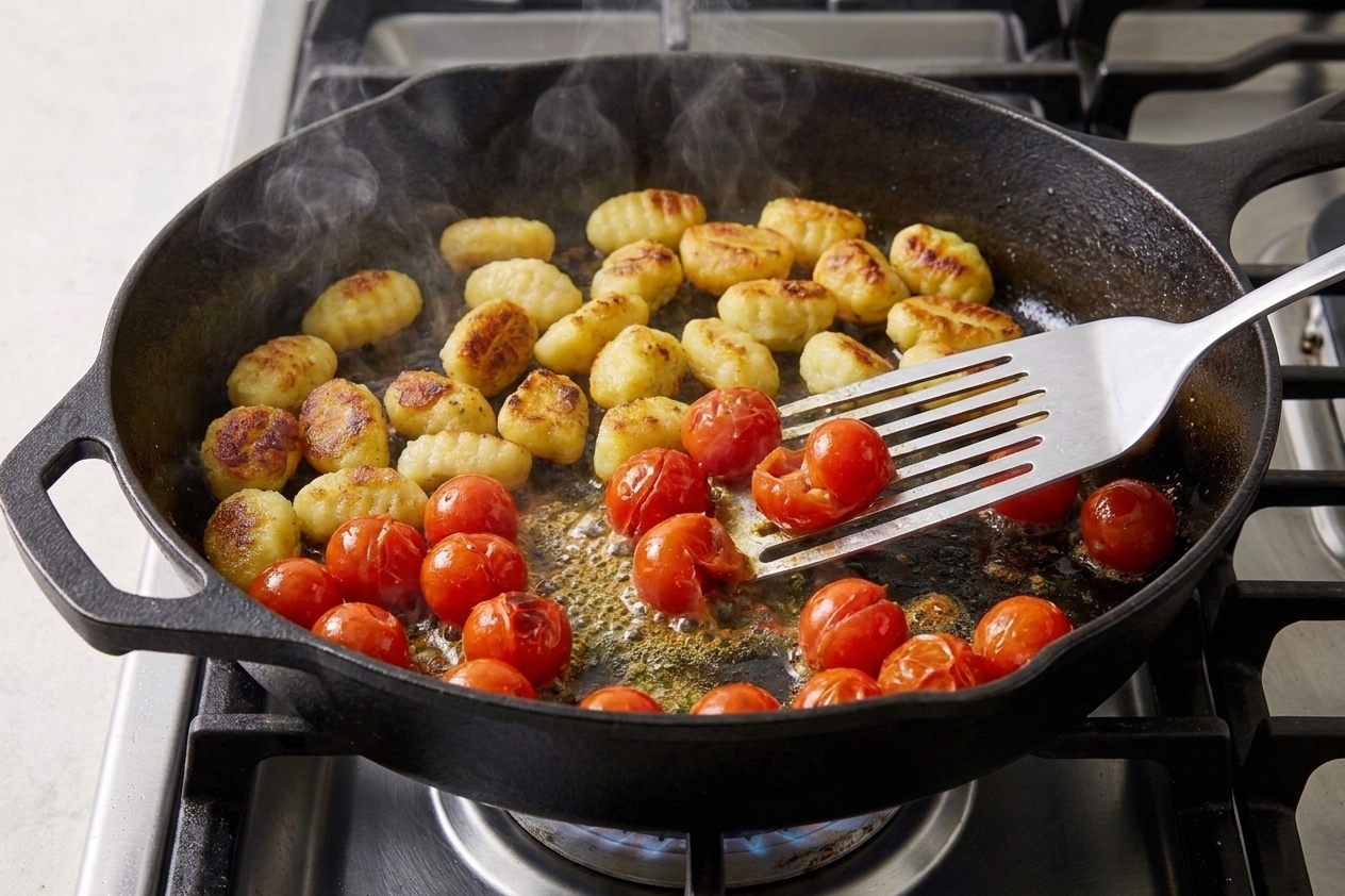 Cherry tomatoes blistering and beginning to burst in a skillet alongside crispy gnocchi as a spatula presses a few tomatoes