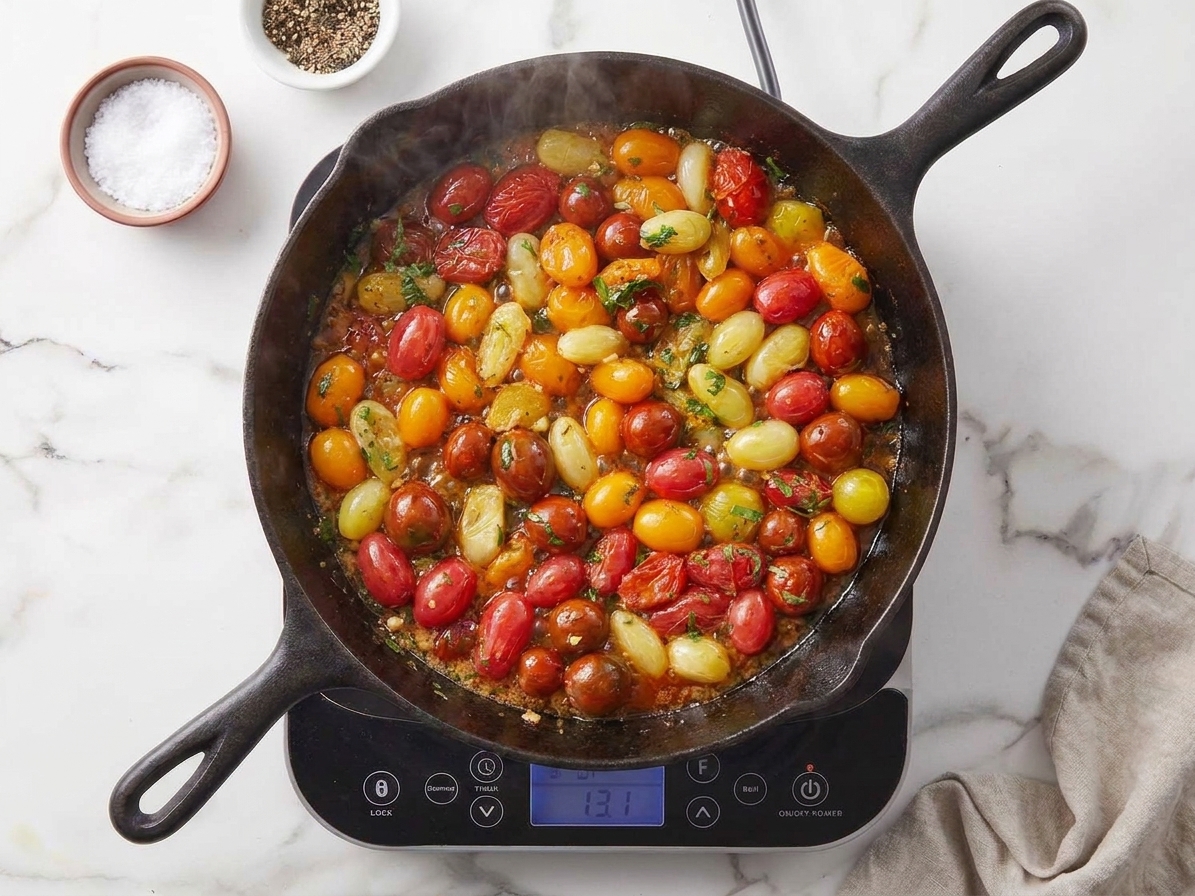 Cherry tomatoes blistering and bursting in a skillet with sliced garlic, forming a glossy red sauce