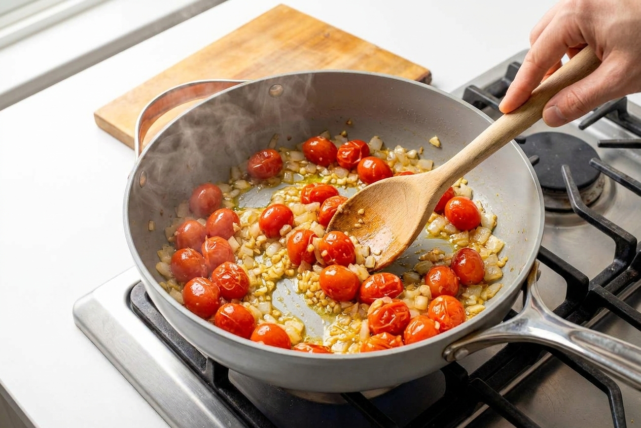 Cherry tomatoes blistering in a skillet with sautéed onions and garlic, steam rising on a stovetop