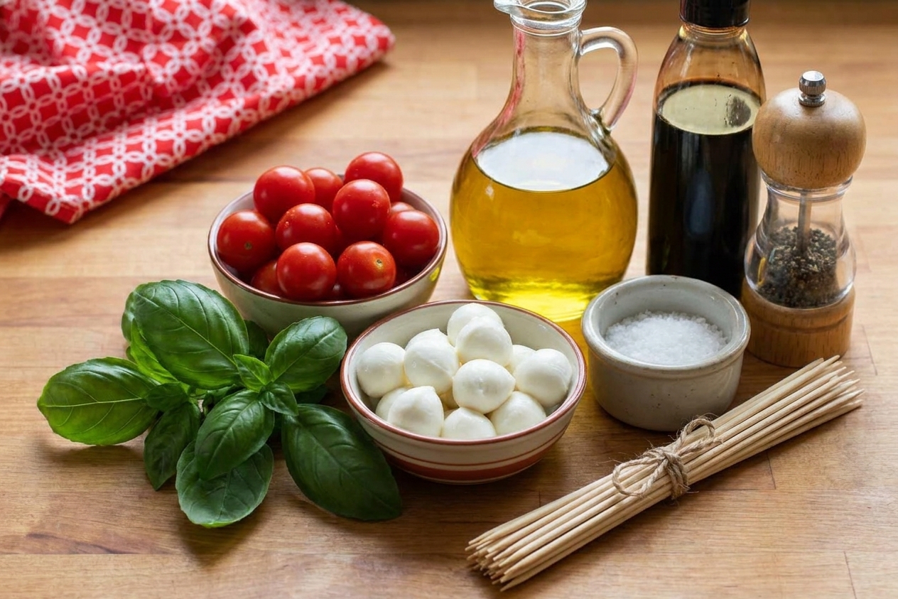 Cherry tomatoes, fresh mozzarella pearls, basil, olive oil, balsamic glaze, salt, pepper, and wooden skewers arranged on a clean kitchen counter in natural light