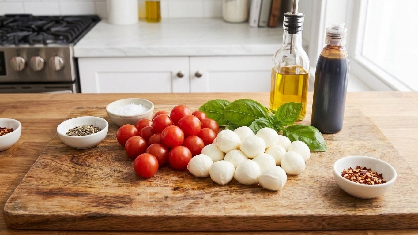 Cherry tomatoes, mini mozzarella balls, fresh basil, olive oil, balsamic glaze, salt, and pepper arranged on a cutting board on a bright kitchen counter