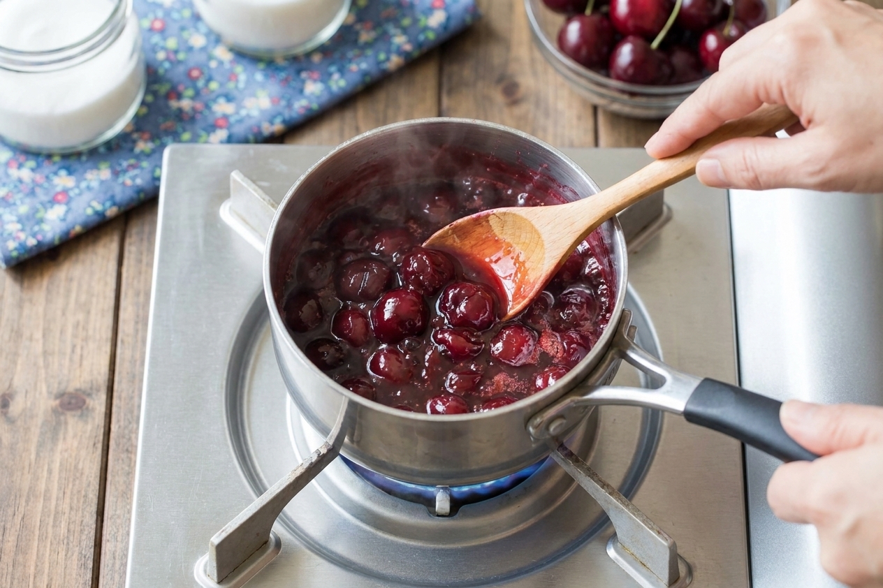Cherry topping simmering in a small saucepan on a stovetop with a spoon stirring the glossy fruit