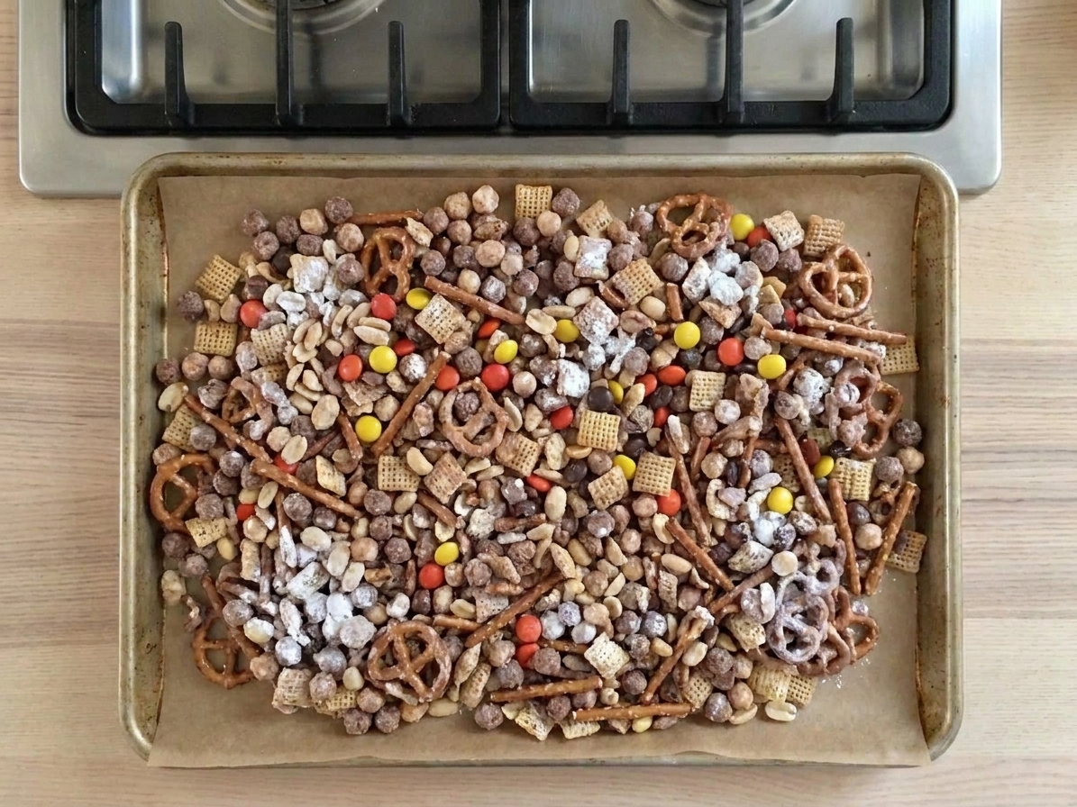 Chex Buddies snack mix cooling in a single layer on a parchment-lined baking sheet on a kitchen counter