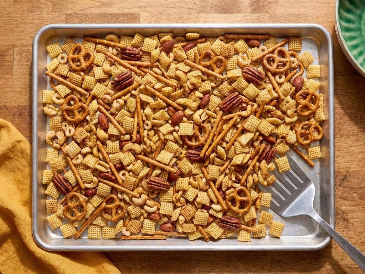 Chex mix spread on a rimmed baking sheet