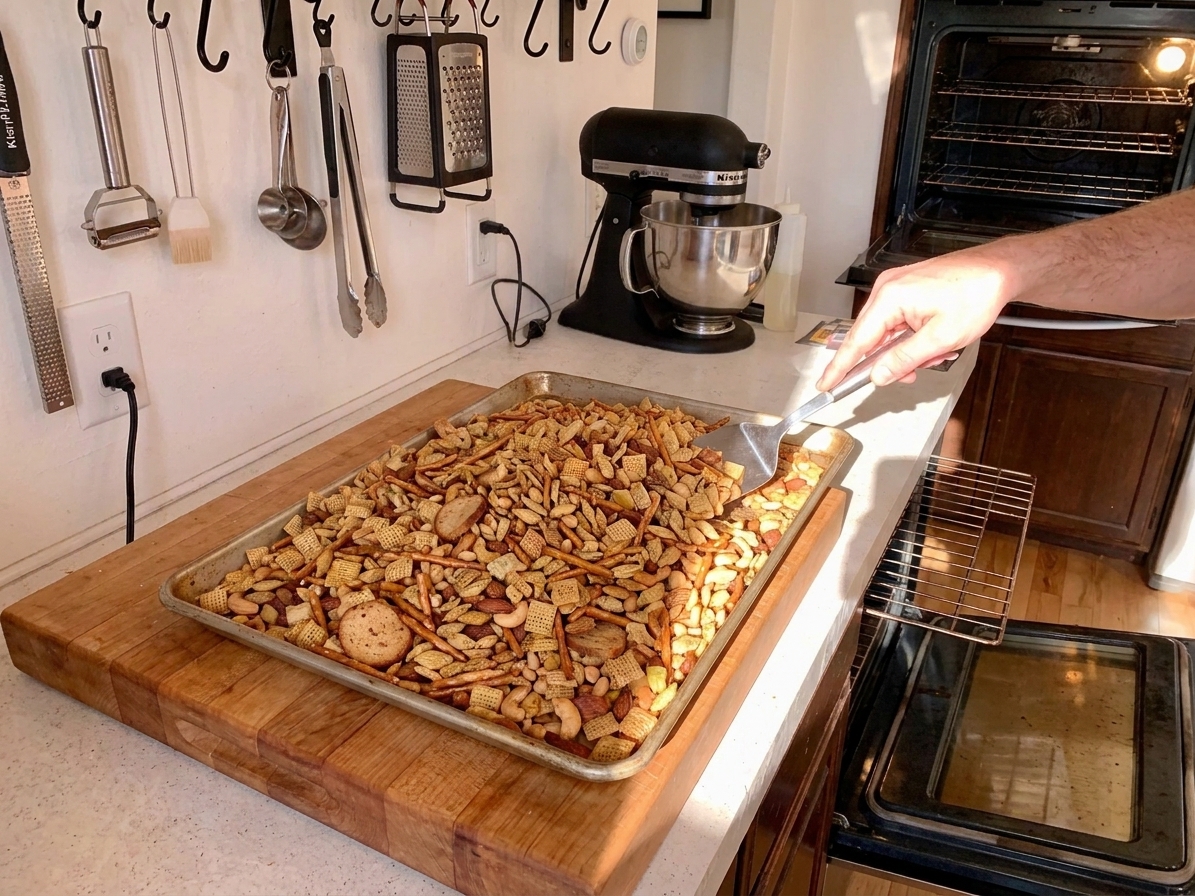 Chex party mix spread on a rimmed baking sheet being stirred with a spatula in a home kitchen with the oven door open