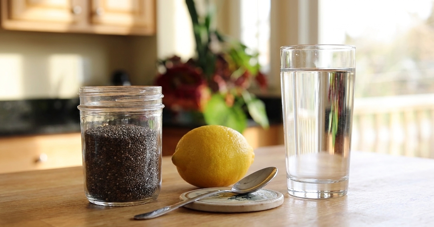 Chia seeds, a lemon, a spoon, and a glass of water arranged on a clean kitchen counter with warm natural light