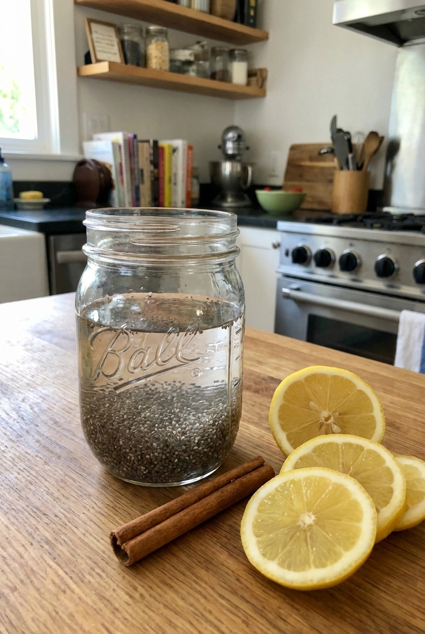 Chia seeds blooming in a jar of water with cinnamon and lemon on the counter