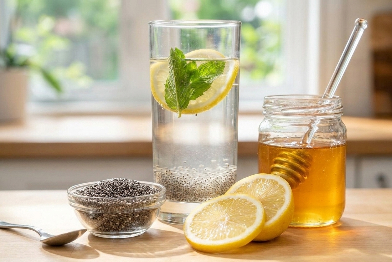Chia seeds in a small bowl with a sliced lemon, a jar of honey, and a glass of water arranged on a clean kitchen counter in natural light