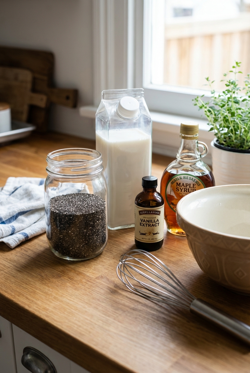 Chia seeds, milk, vanilla extract, and maple syrup arranged on a kitchen counter ready to mix