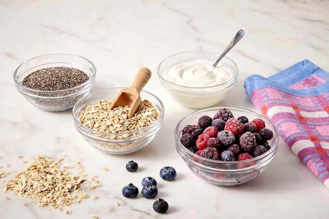 Chia seeds, rolled oats, Greek yogurt, and frozen berries in small bowls on a kitchen counter