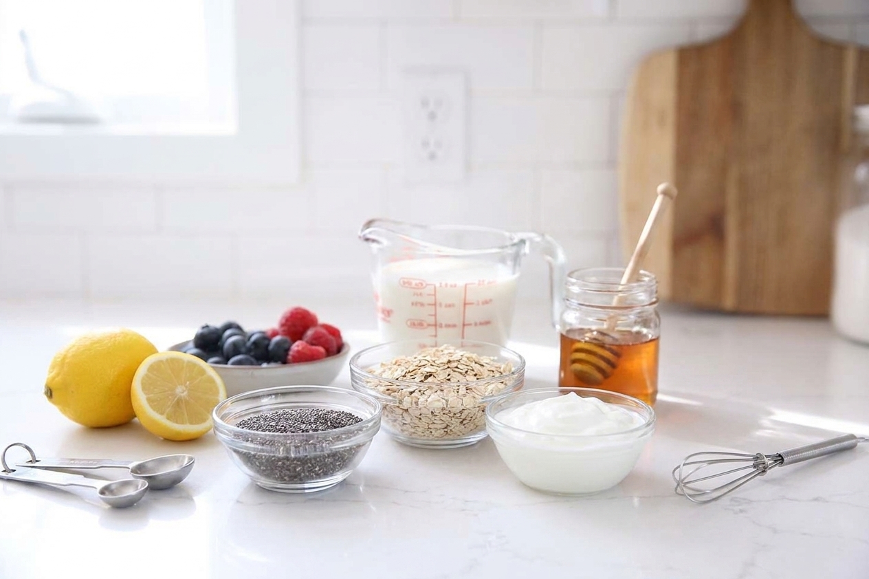 Chia seeds, rolled oats, Greek yogurt, milk, honey, lemon, and fresh berries arranged on a clean kitchen counter in small bowls and measuring cups