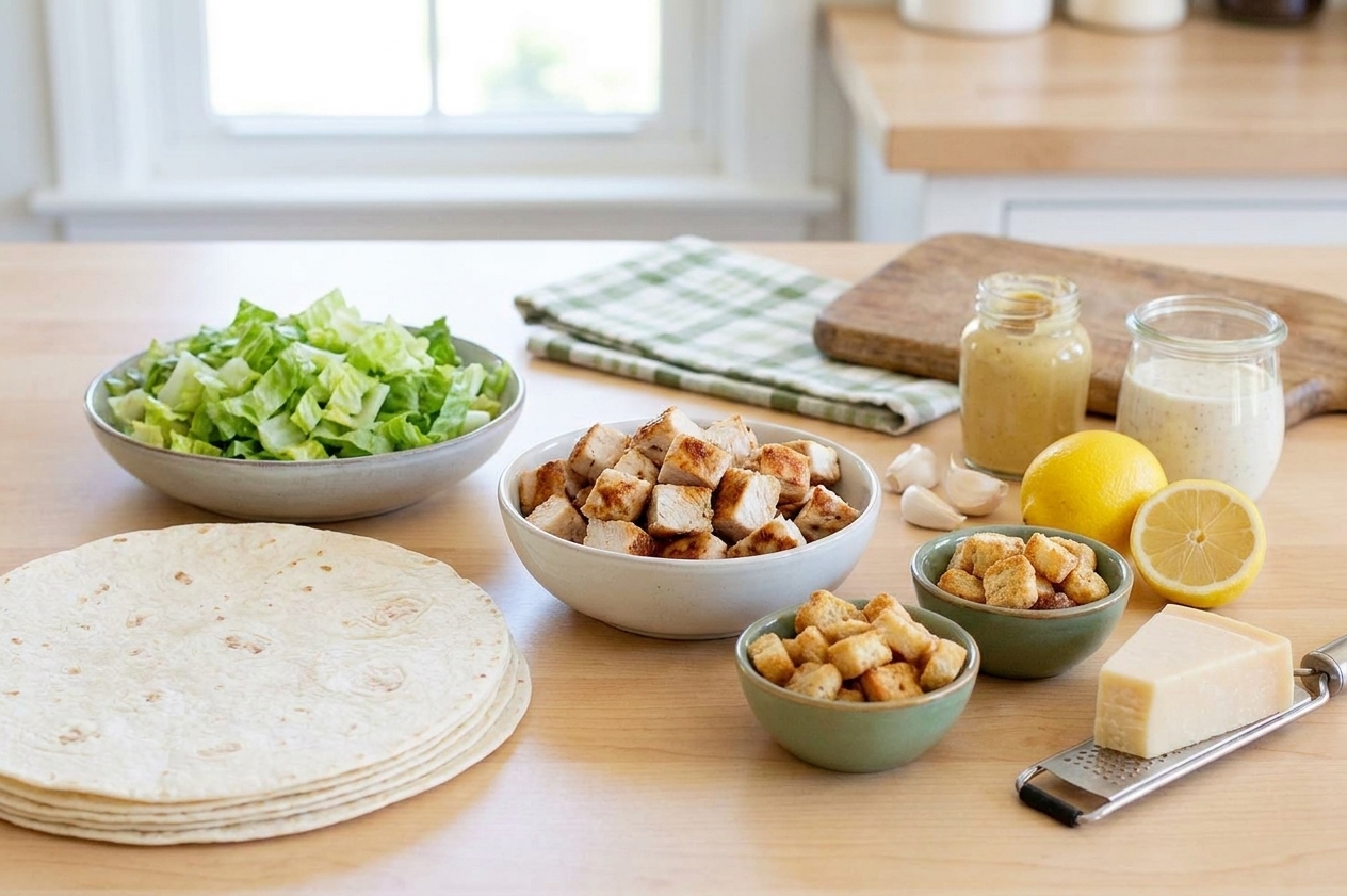 Chicken Caesar wrap ingredients arranged on a kitchen counter, including cooked chicken, romaine lettuce, Parmesan, tortillas, lemon, garlic, Dijon mustard, mayonnaise, and croutons