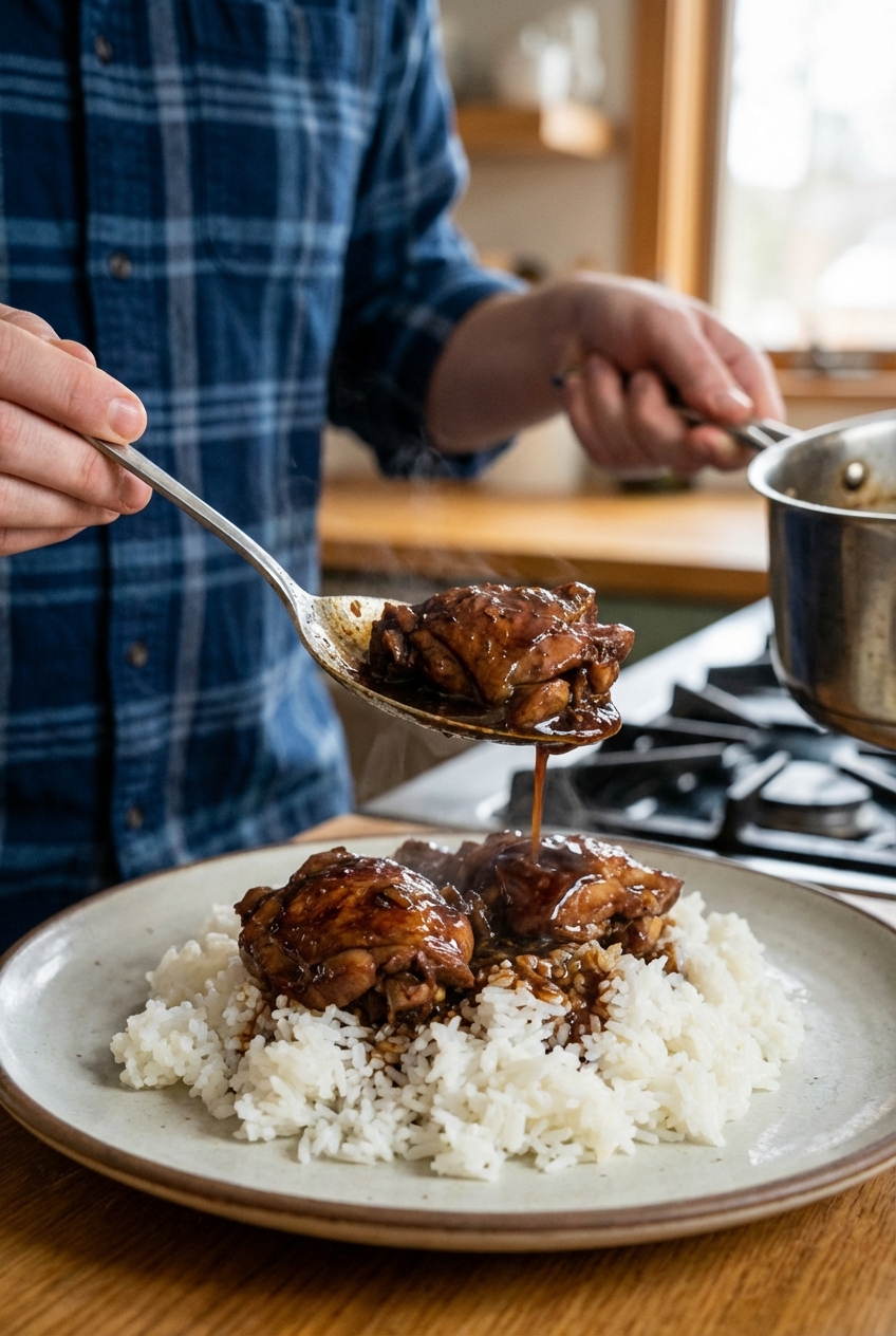 Chicken adobo being spooned with glossy sauce over rice