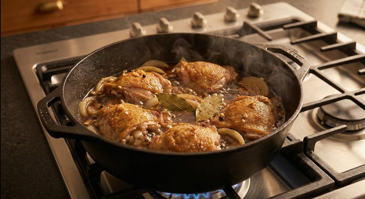 Chicken adobo gently simmering in a deep pan with visible bay leaves and onion slices, sauce bubbling lightly on the stovetop