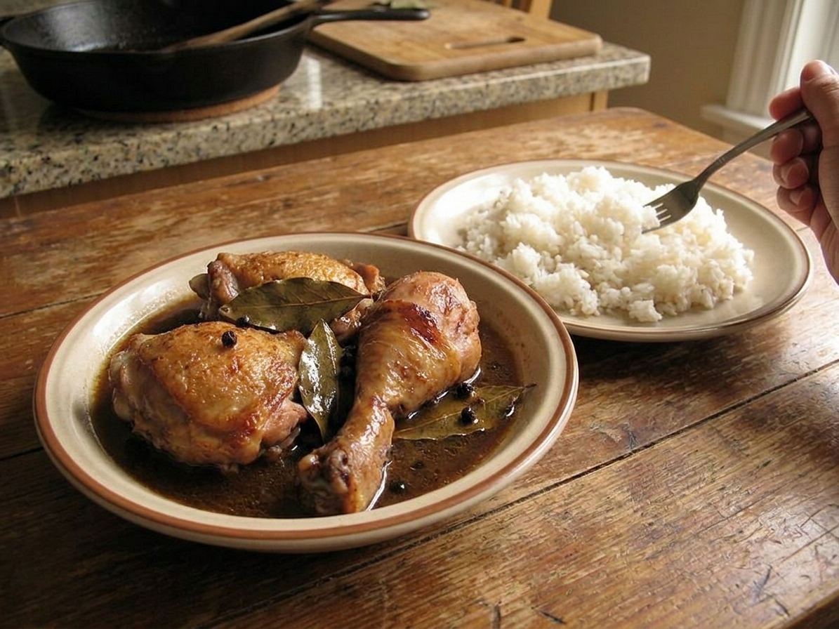 Chicken adobo in a shallow bowl with glossy soy-vinegar sauce and bay leaves, served next to steamed white rice on a wooden table