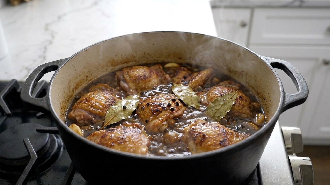 Chicken adobo simmering in a pot with bay leaves and peppercorns floating in a dark glossy sauce