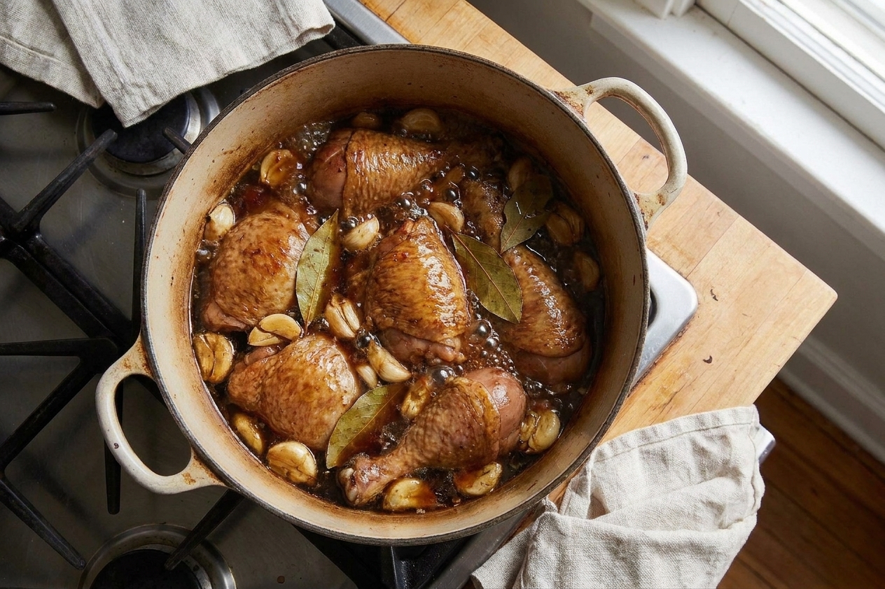 Chicken adobo simmering in a pot with visible bay leaves and garlic cloves floating in the bubbling sauce