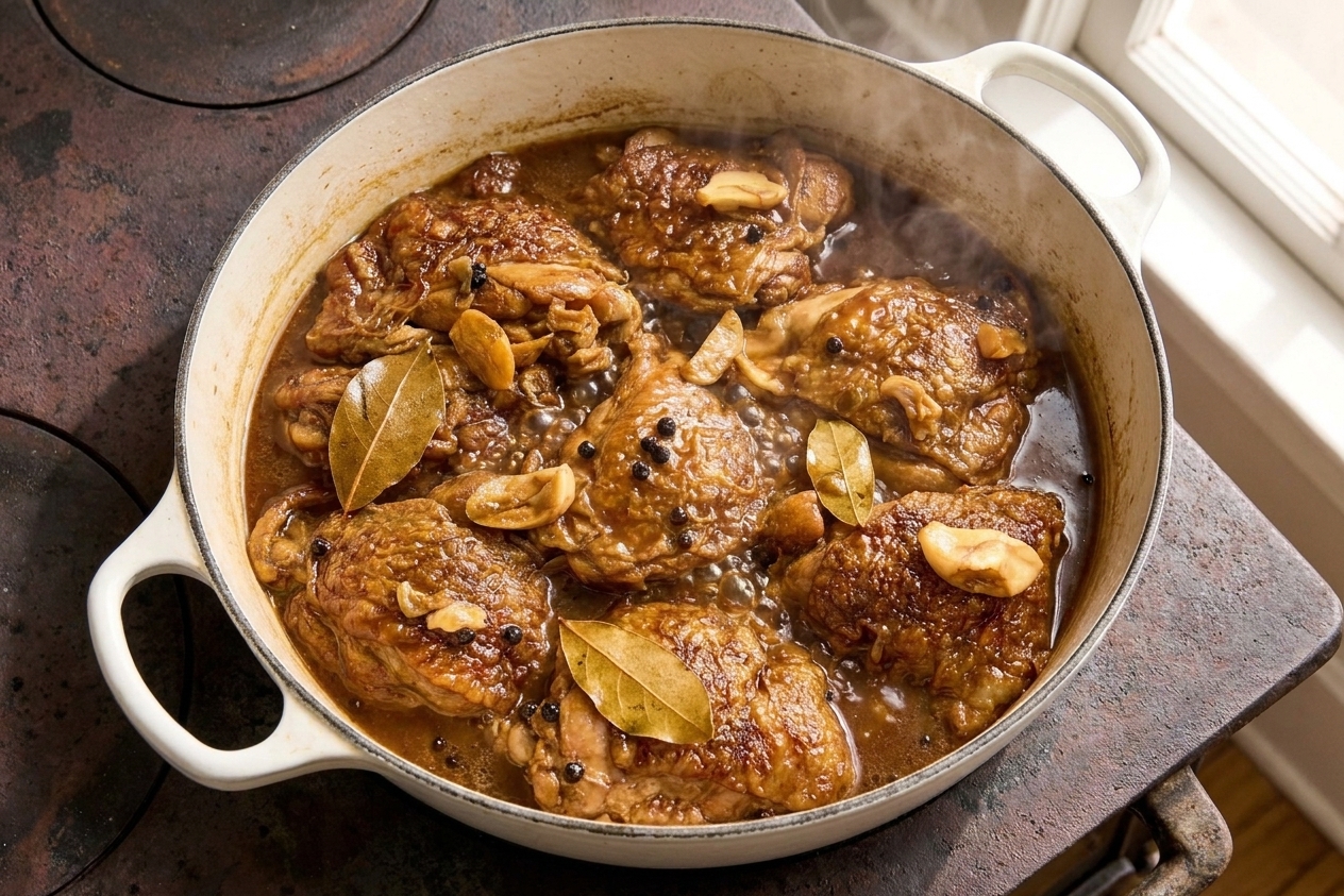 Chicken adobo simmering in a skillet with bay leaves floating on a bubbling soy-vinegar sauce