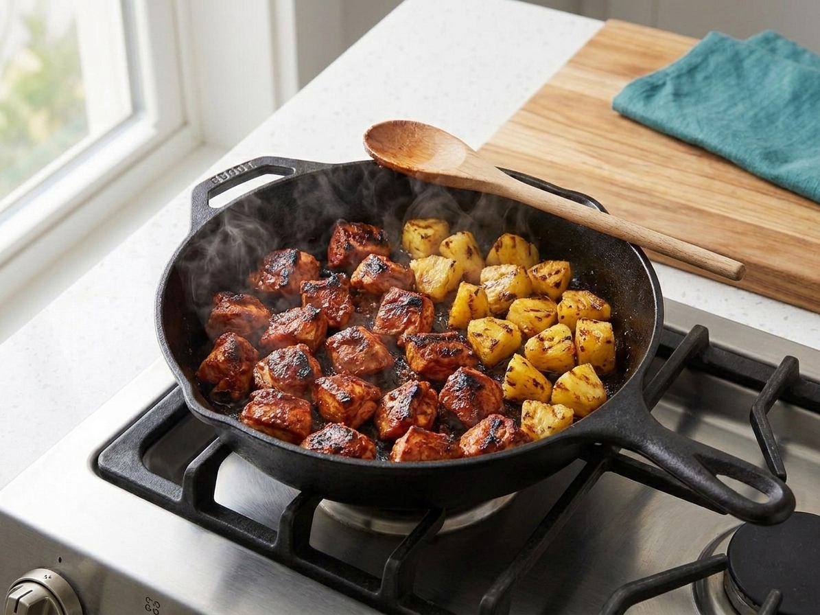 Chicken al pastor sizzling in a cast iron skillet with caramelizing bits and pineapple chunks on the side