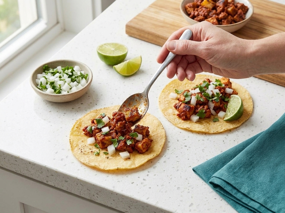 Chicken al pastor tacos being assembled on warm corn tortillas with onion, cilantro, and lime on a kitchen counter
