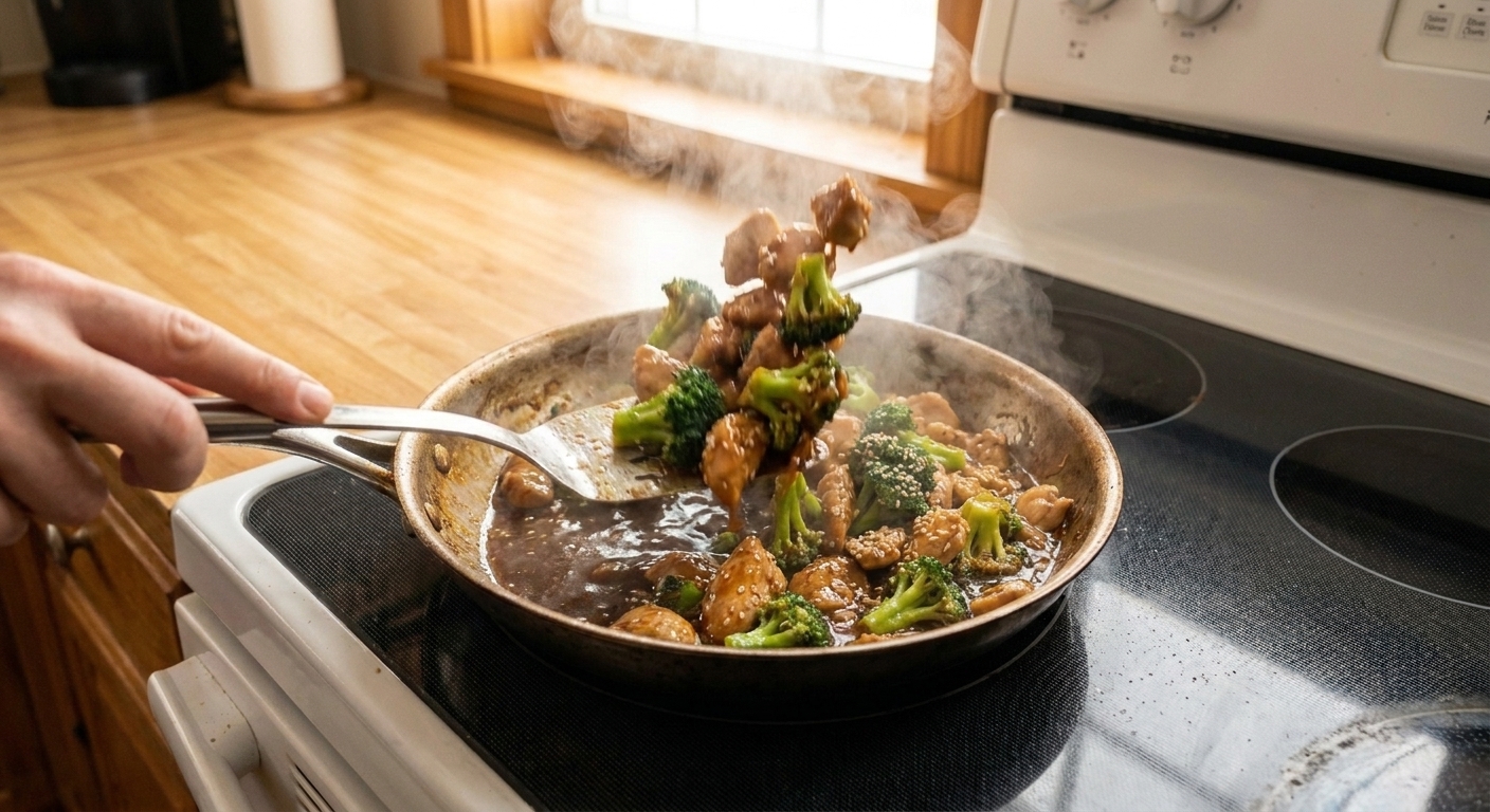 Chicken and broccoli being tossed in a skillet with a dark glossy sauce as steam rises under warm kitchen lighting