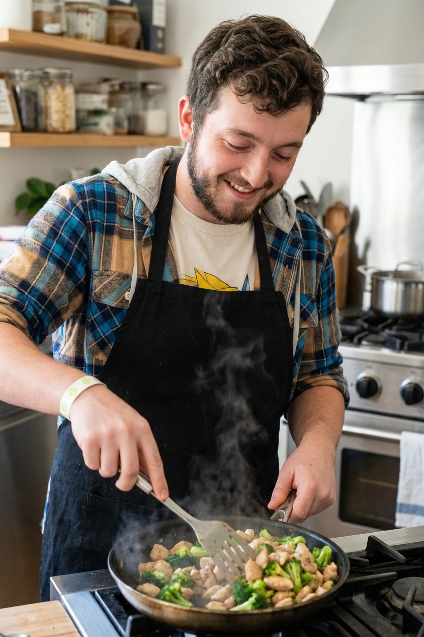 Chicken and broccoli stir fry in a skillet