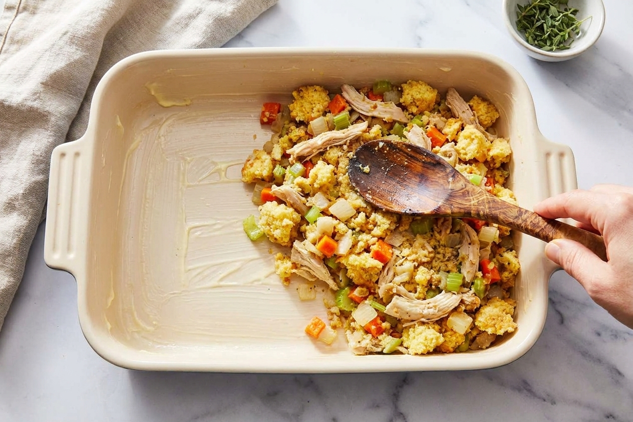 Chicken and cornbread dressing mixture spread into a greased ceramic baking dish before baking