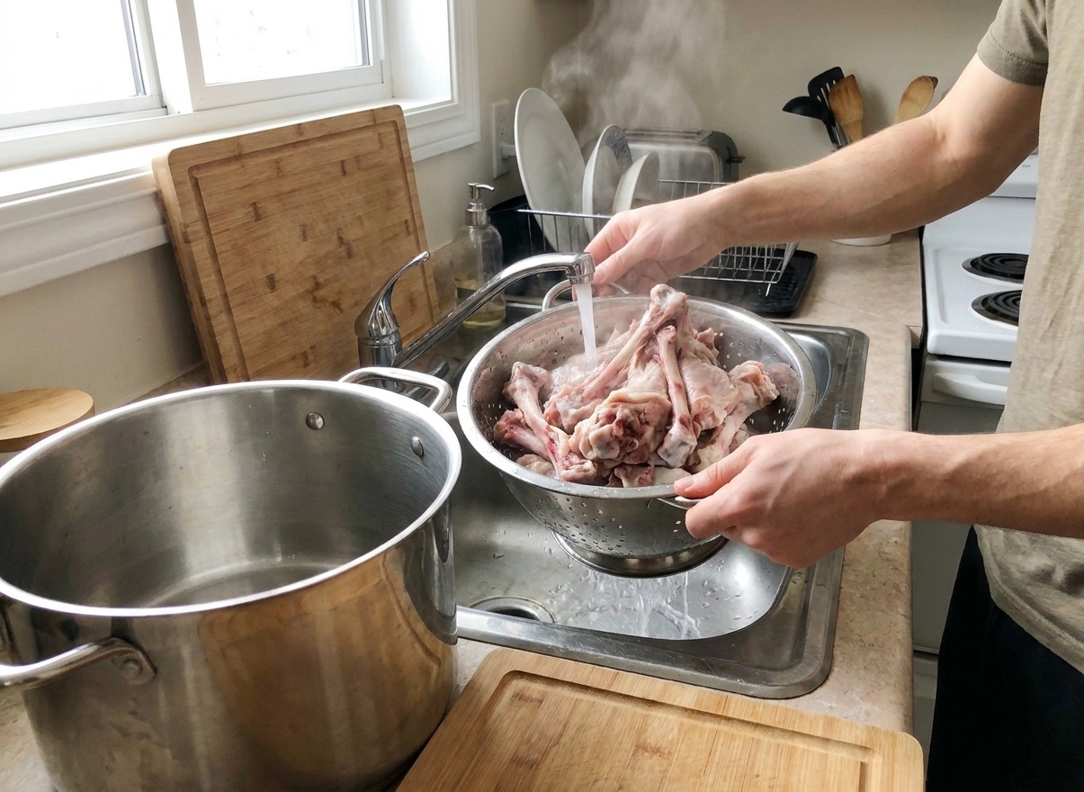 Chicken and pork bones being rinsed in a colander at the kitchen sink after blanching, with a large stockpot nearby