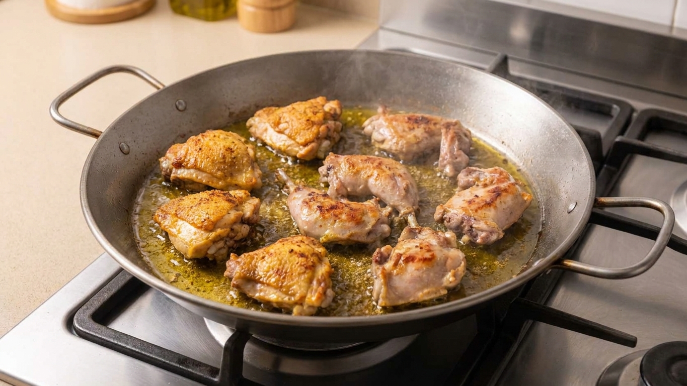 Chicken and rabbit pieces browning in olive oil in a wide paella pan on a stovetop, edges turning golden