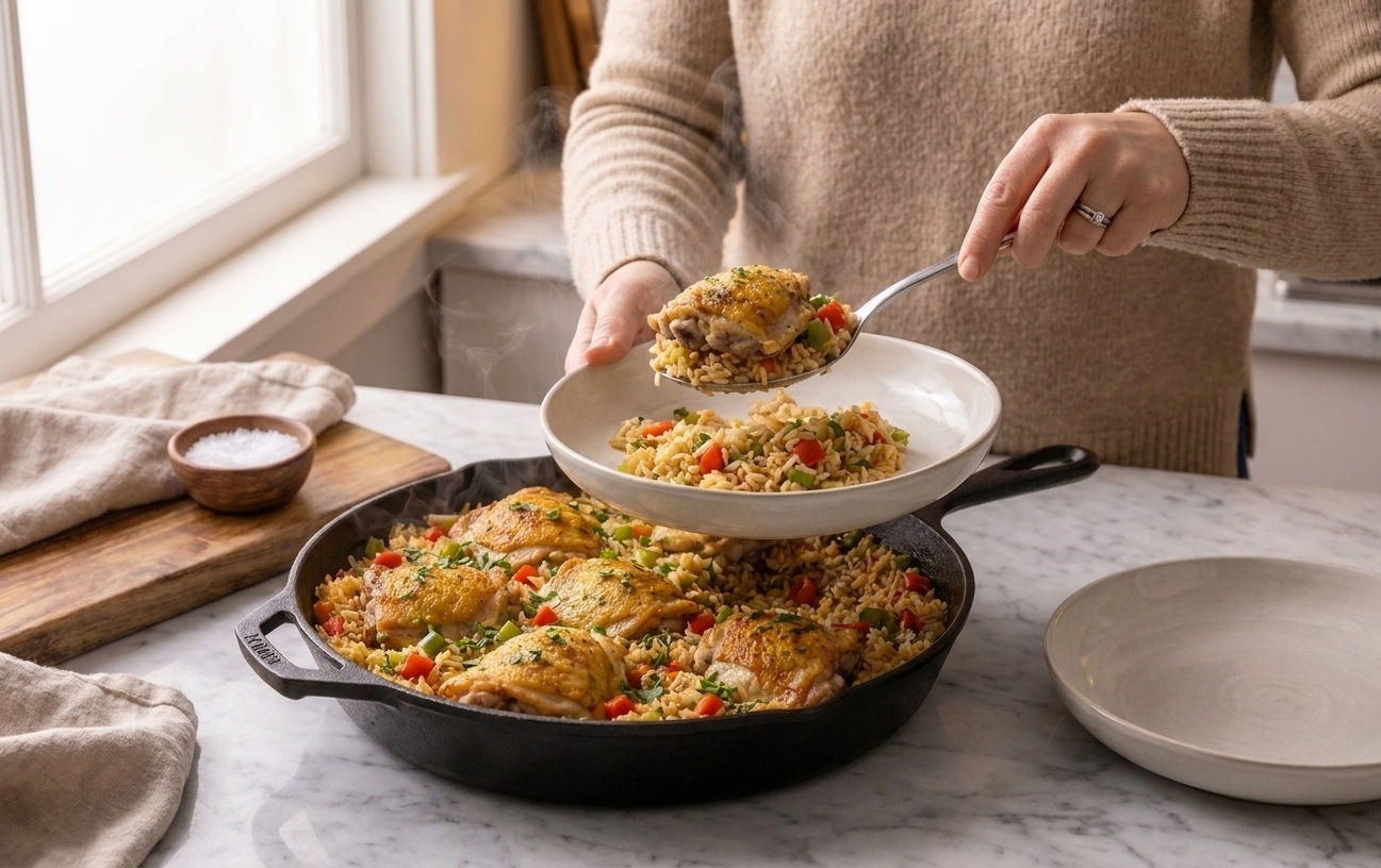 Chicken and rice being served into shallow bowls at a kitchen counter