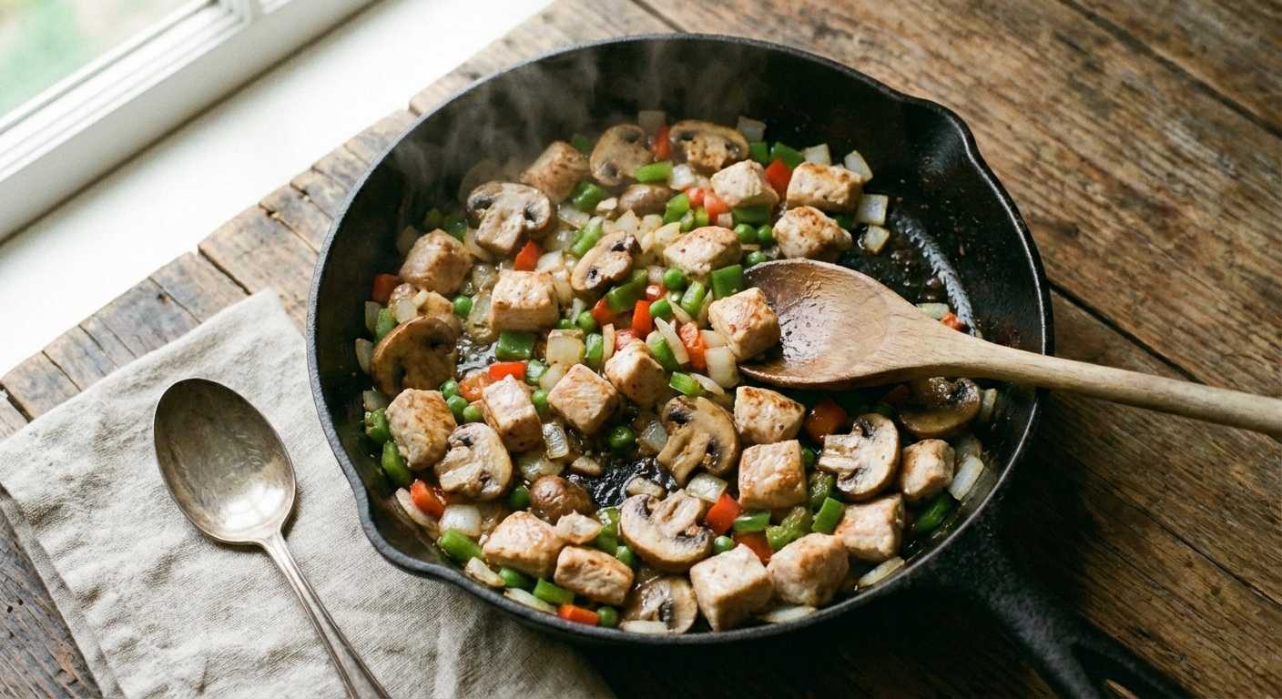 Chicken and sliced mushrooms sautéing in a skillet with onions and bell pepper