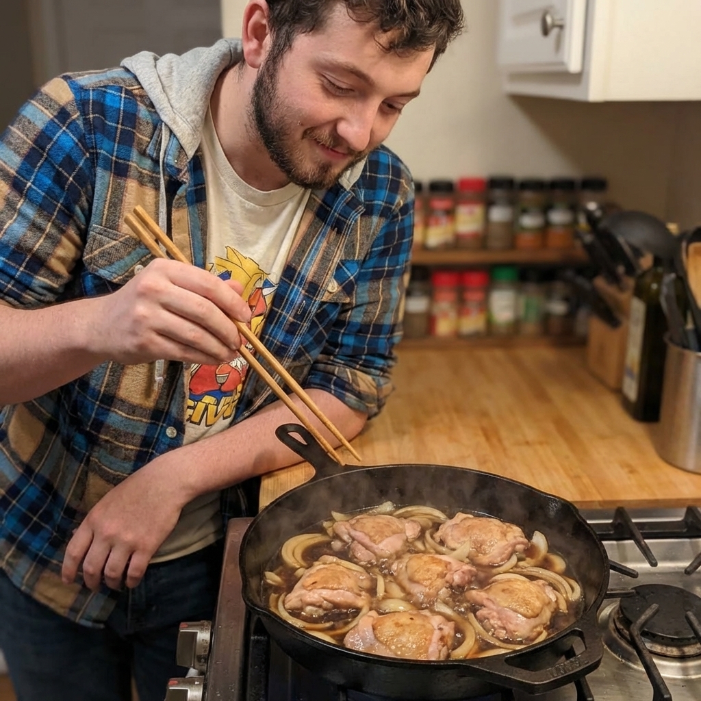 Chicken and sliced onions simmering in a shallow skillet with dashi-soy broth, with a pair of chopsticks resting on the edge of the pan