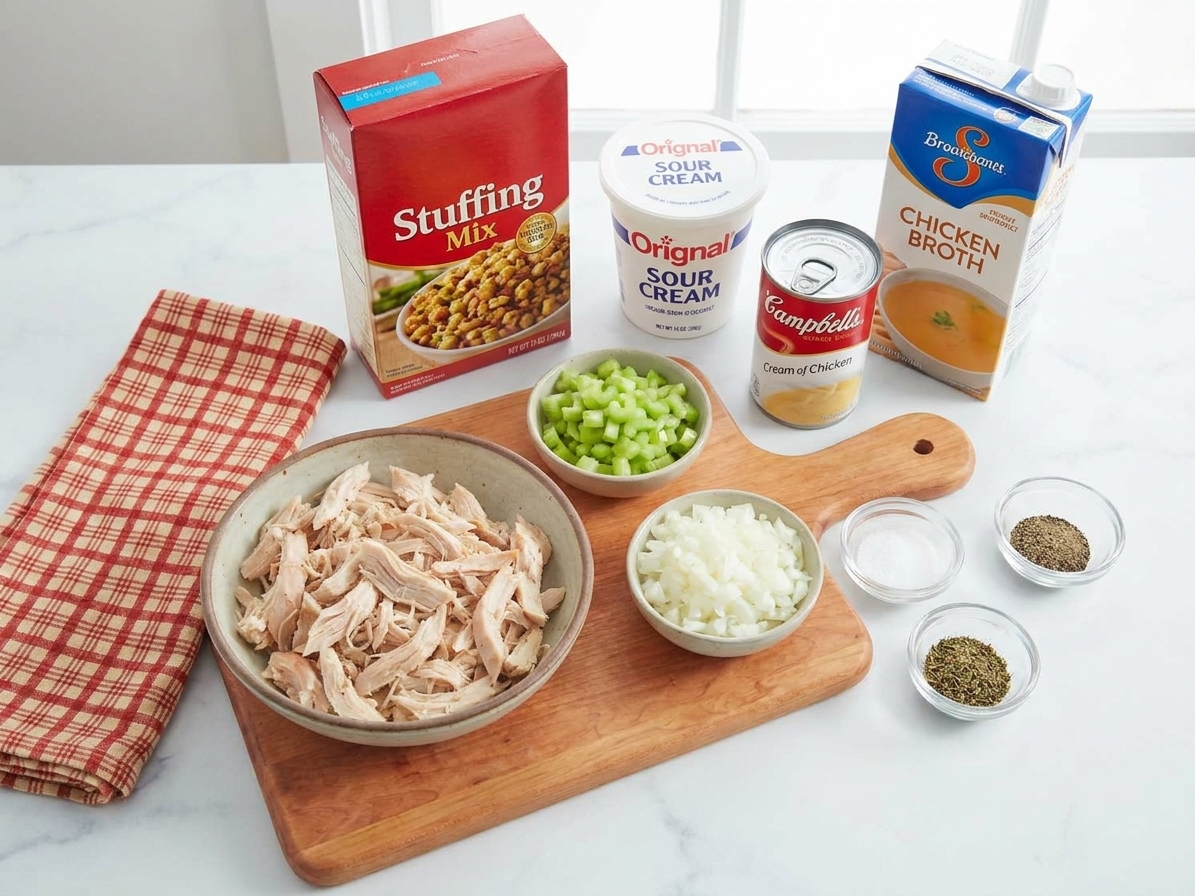 Chicken and stuffing casserole ingredients arranged on a bright kitchen counter, including shredded chicken, boxed stuffing mix, sour cream, cream of chicken soup, chicken broth, celery, onion, and seasonings
